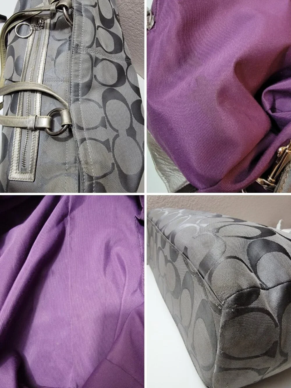 Coach Gabby Signature Gray Silver Carryall Tote Bag Purple Lining F14863 Large